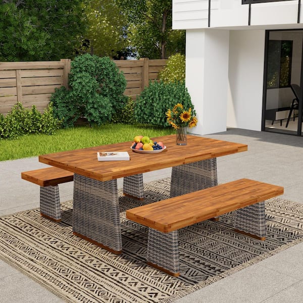 Lyuba 3-Piece Solid Wood and Wicker Outdoor Patio Dining Set with Bench, Teak Finish + Grey