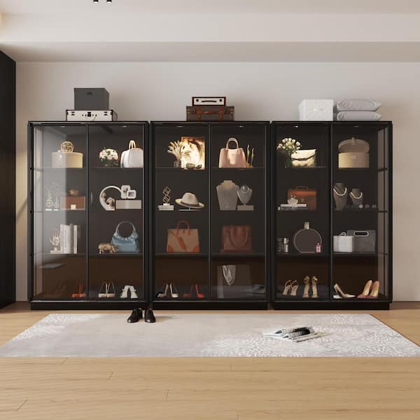 Black 74.8 in. H Metal Display Storage Cabinet, Bookcase with 4 Glass Shelves, Glass Sliding Doors and LED Light Top