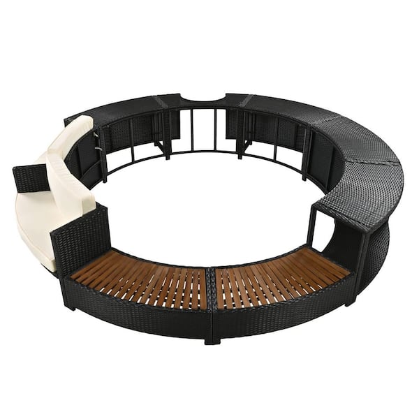 Black Metal Outdoor Surround Frame Rattan Sectional Set with Storage Spaces Beige Cushions for Patio, Backyard, Garden