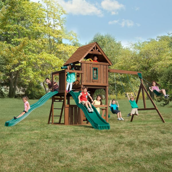 Swing-N-Slide Playsets Monteagle Complete Wooden Outdoor Playset with 2 Slides, Rock Wall, Swings and Backyard Swing Set Accessories
