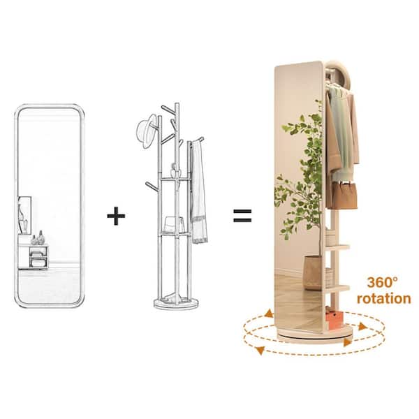 Unbranded White 18 in. W x 66 in. H Rectangle 360° Rotating Rubber Wood Full Length Mirror, for Bedroom Living Room and Cloakroom