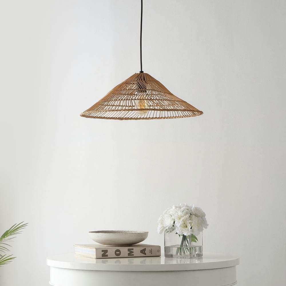 Nova 20.25" Brown Rattan Cone-Shaped LED Pendant Light with 180" Cord