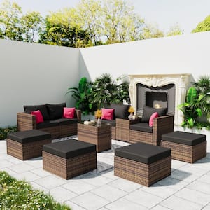 Brown 10-Piece Wicker Outdoor Sectional Patio Conversation Set with Black Cushions and Furniture Protection Cover