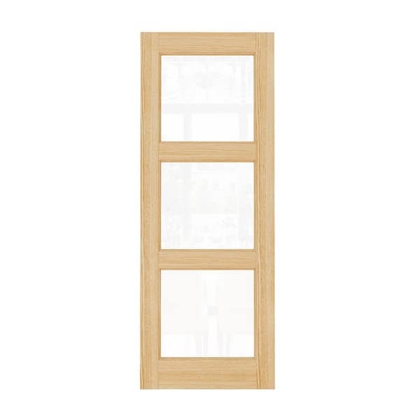 30 in. x 80 in. Modern Universal/Reversible 3-Lite Tempered Clear Glass Unfinished Pine Wood Front Door Slab