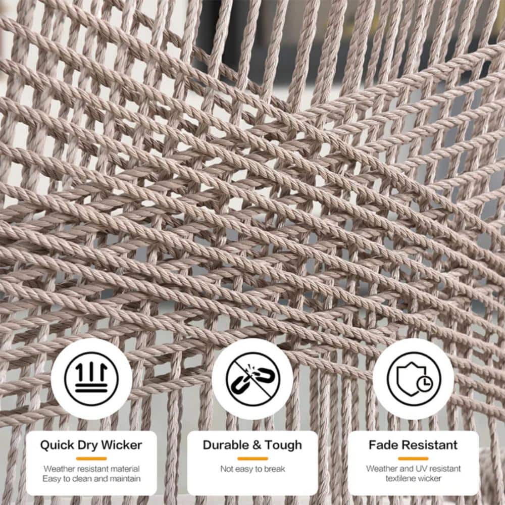 Extreme close-up of the beige textilene wicker texture.
