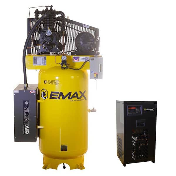 Silent Air Industrial E450 Series 80 Gal. 175 PSI 5HP 19 CFM 3-Phase 460V 2-Stage Stationary Air Compressor, 30CFM Dryer