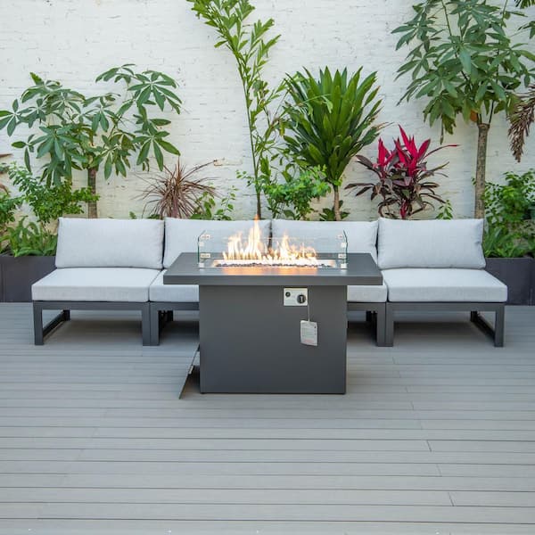 Chelsea 5-Piece Aluminum Patio Fire Pit Set with Light Grey Cushions