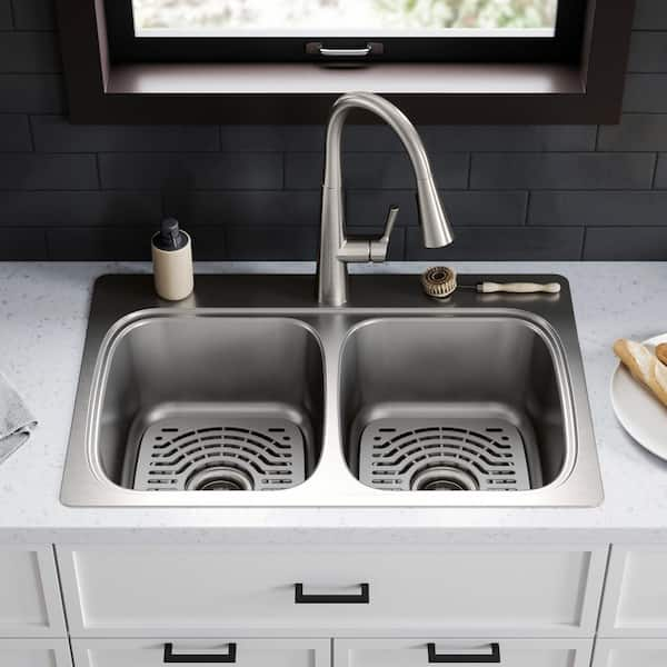 Verse Stainless Steel 33 in. Double Bowl Drop-In Kitchen Sink with Faucet