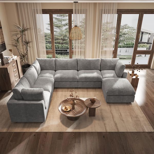 132 in. Square Arm Chenille 7-piece U-Shaped Sectional Sofa with Ottoman, Removable Cover For Living Room Couch in. Gray