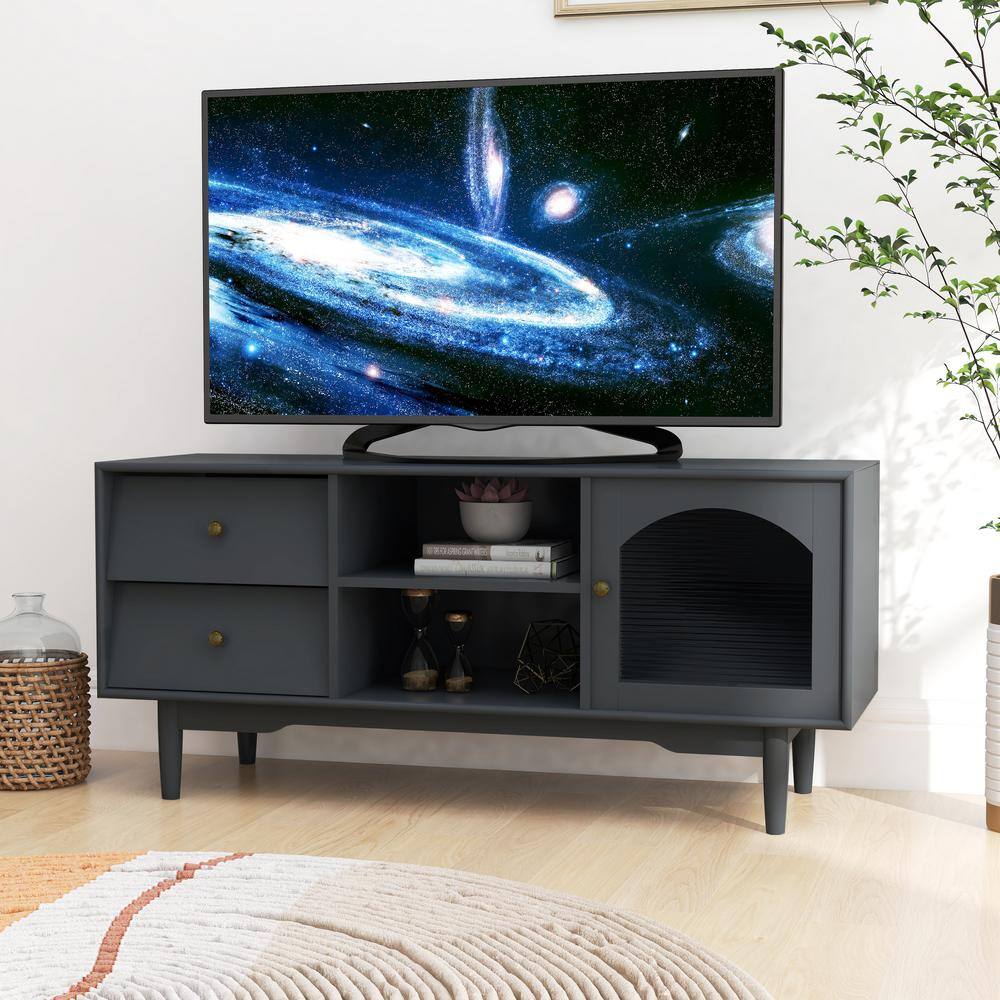 47.25 in. Gray Modern TV Stand with Drawers and Glass Door SWDSGGR18