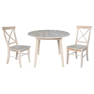 Set of 3-pcs - 42 in. Unfinished Drop-Leaf Solid Wood Table and 2-Side Chairs