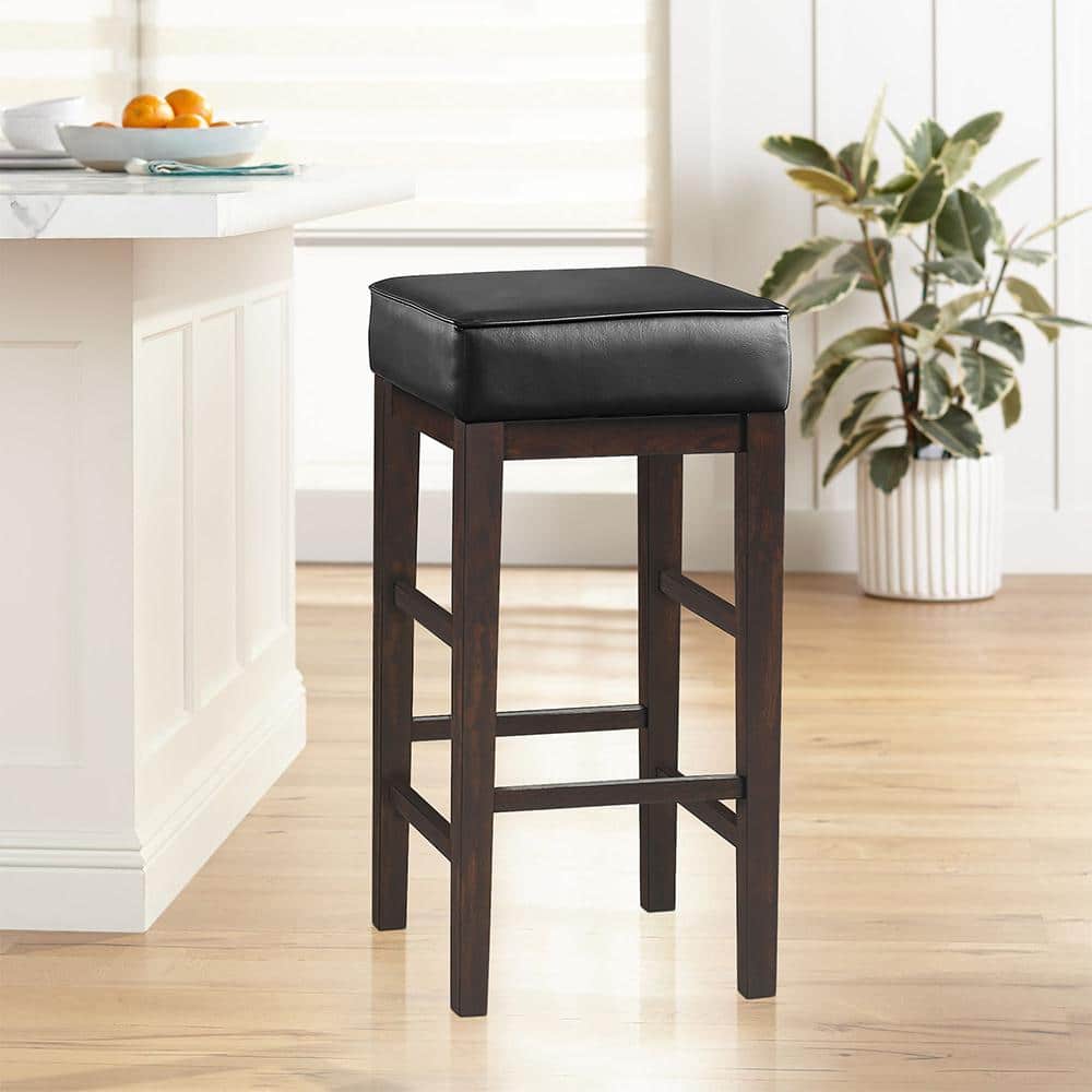 Black Faux Leather Espresso Wood Backless Bar Stools, 30.5" Set of 2