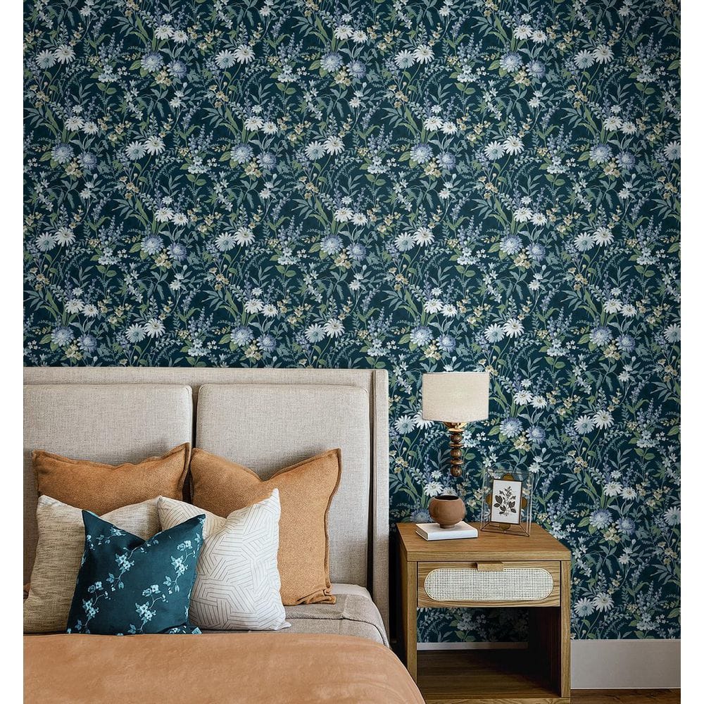 Teal and White Vinyl Floral Peel and Stick Wallpaper