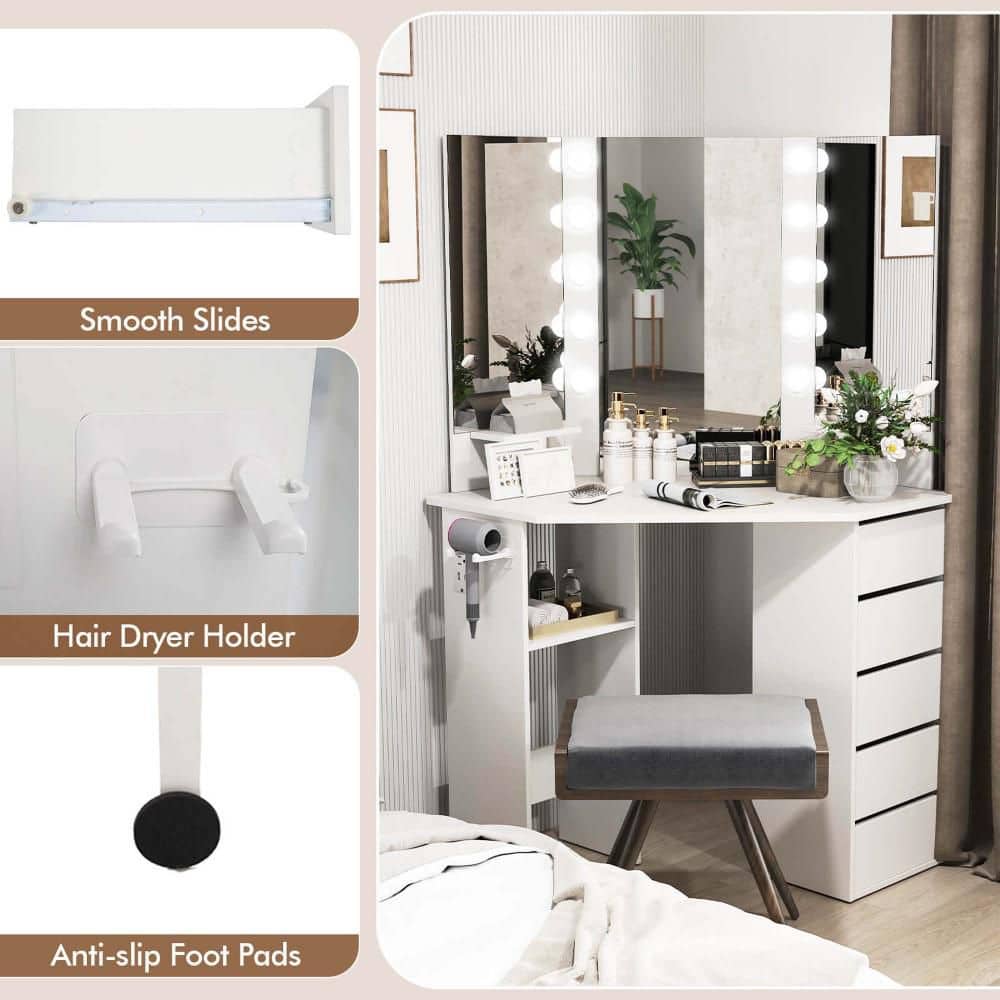 1-Piece White Corner Makeup Vanity Desk Cosmetic Vanity Station with LED Mirror and Power Outlets - thumbnail 9