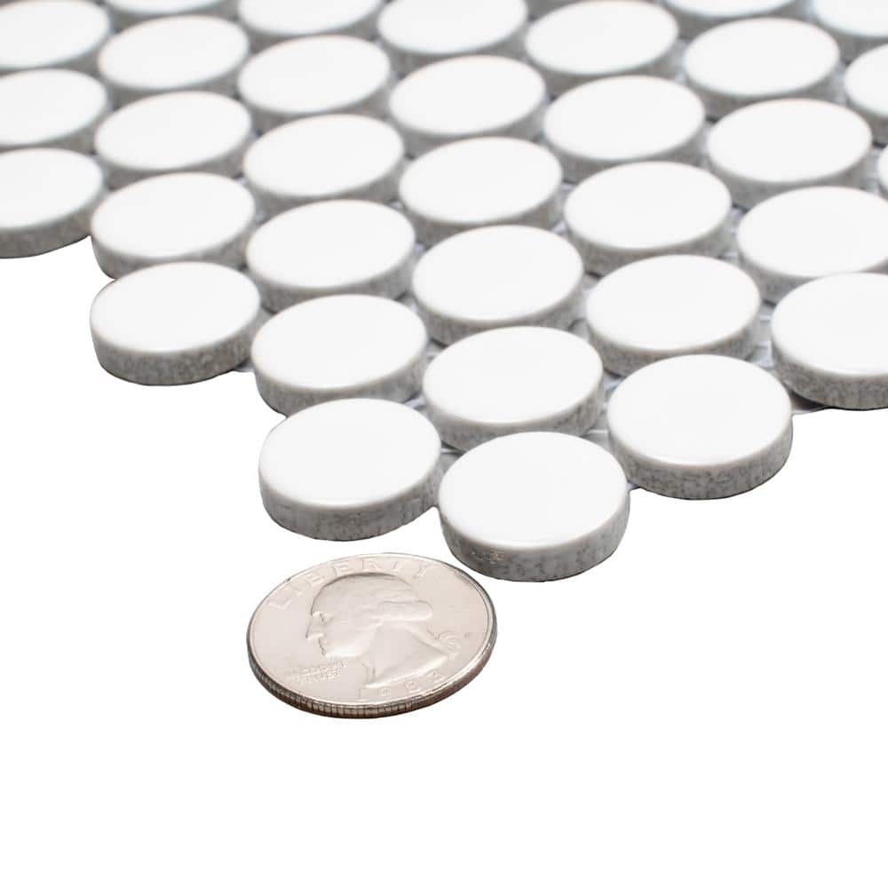 Cotton White Glossy Penny Round Porcelain Mosaic Tile