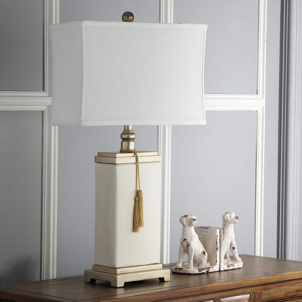 Amiliana 32 Inch Cream Ceramic Tassel Table Lamp with White Shade