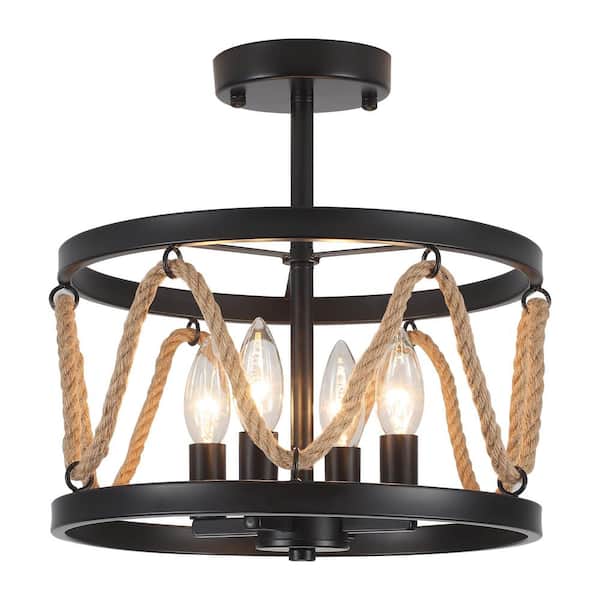 12.6 in. 4-Light Black Drum Metal Retro Semi Flush Ceiling Light for Dining Room with Natural Hemp Rope