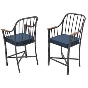 Bedford Farmhouse Metal Balcony Height Outdoor Dining Chair with Blue Cushions (2-Pack)
