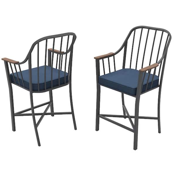 StyleWell Bedford Farmhouse Metal Balcony Height Outdoor Dining Chair with Blue Cushions (2-Pack)