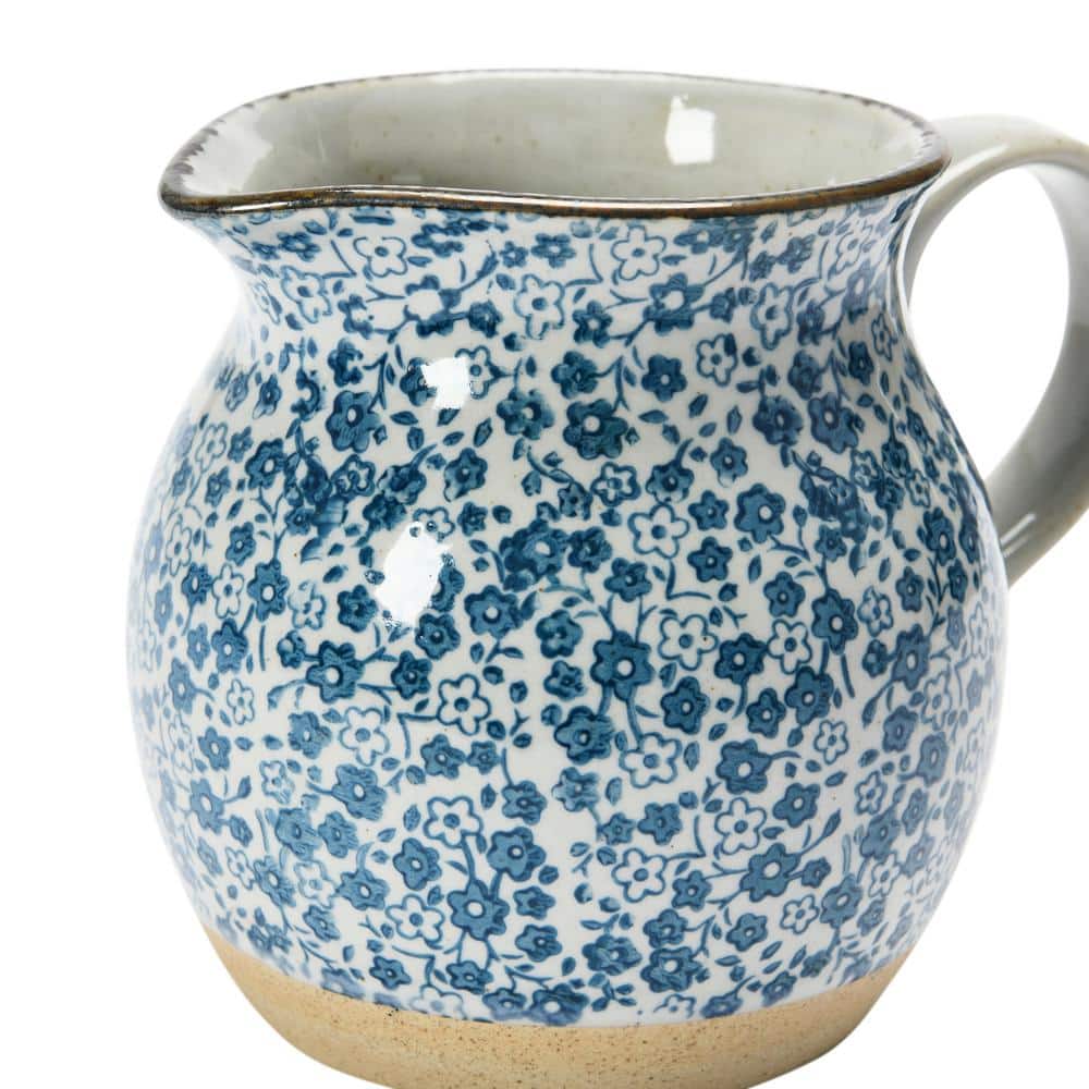 Blue and White Hand-Painted Stoneware Floral Pitcher, 6.25"