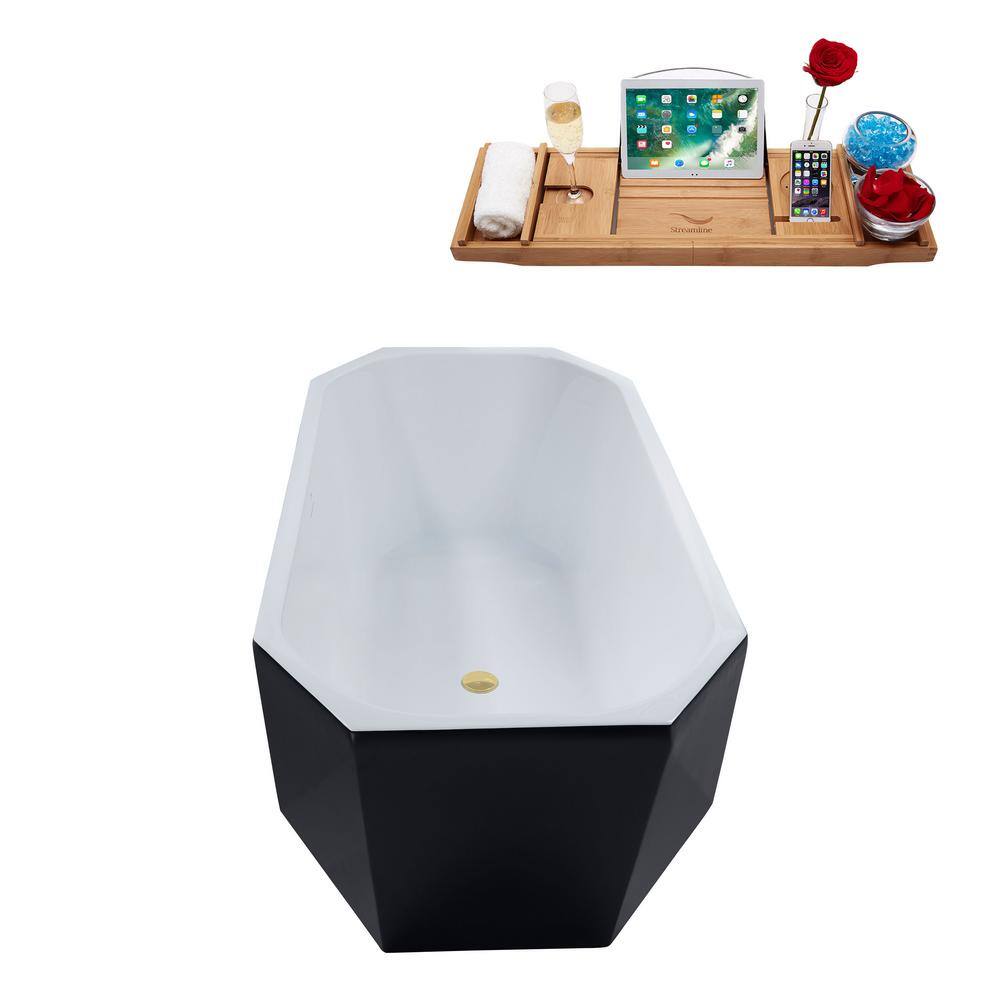 63'' Matte Black Acrylic Freestanding Soaking Bathtub with Polished Brass Trim