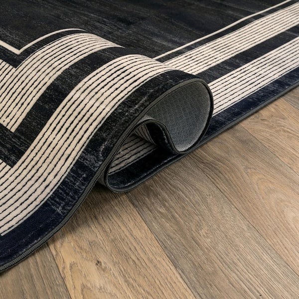 Striped Border Black Machine Washable Non-Slip Backing Area Rug 2' x 4' Black