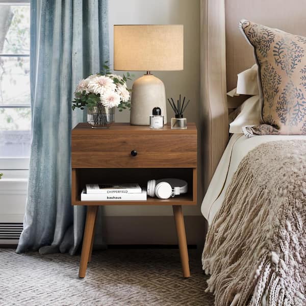 MAZEFUR Blair Mid Century Modern Walnut 1-Drawer Hidden Compartment Nightstand Bedroom Side Table with Wooden Legs