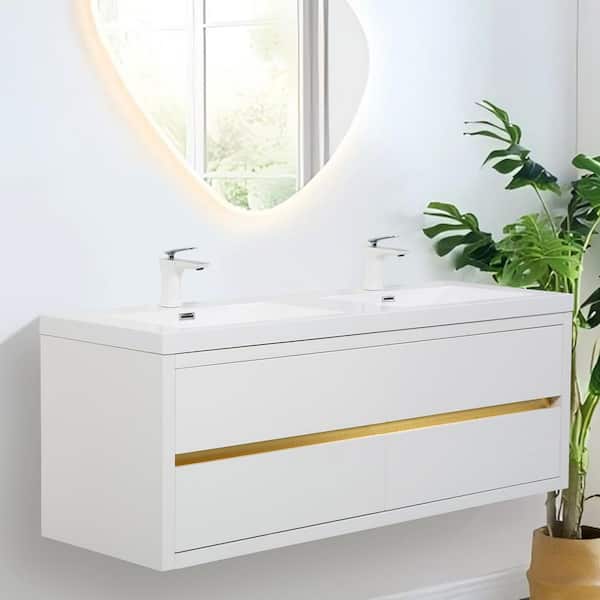Lafarre 59.06 in. W x 19.69 in. D Double Sink Floating White Bath Vanity with White Stone Resin Top Assembled