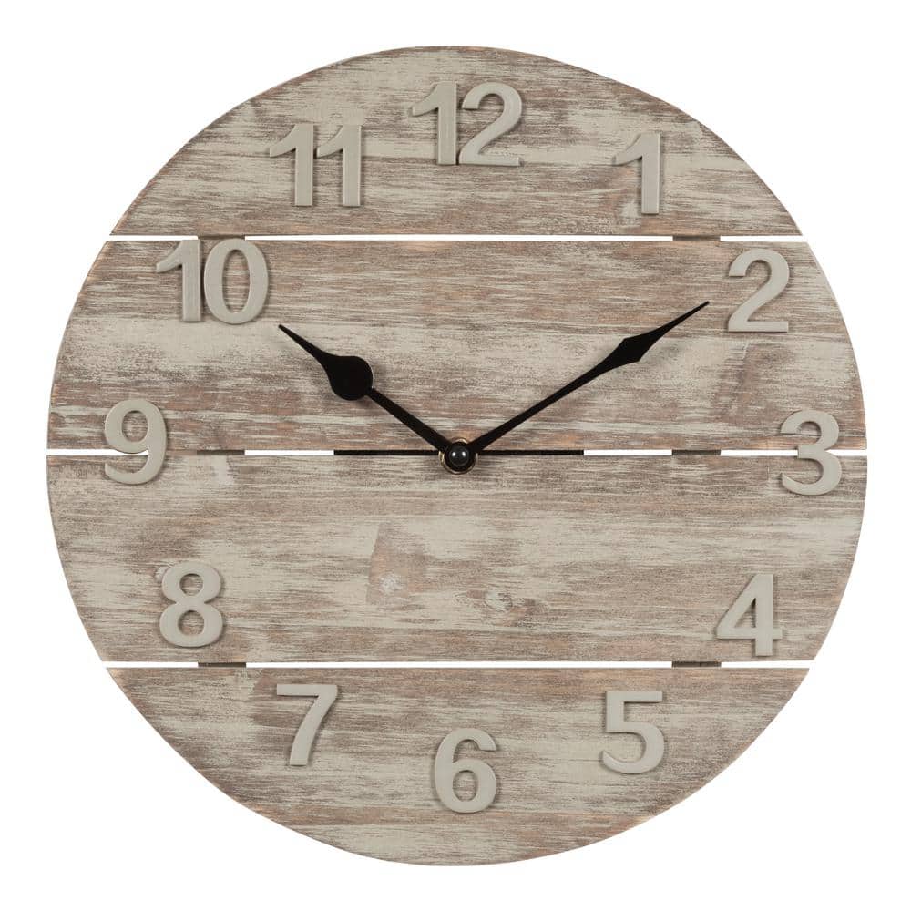 12 in. Round Sunwashed Wood Quartz Analog Wall Clock