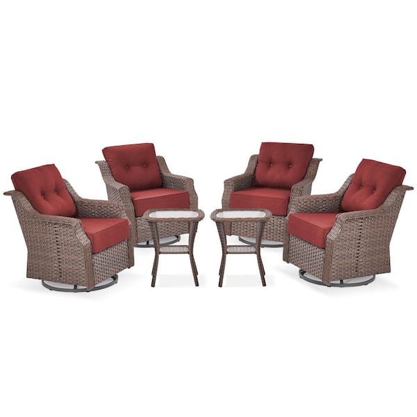 6-Pieces Brown Wicker Outdoor Swivel Rocking Chair Set with CushionGuard Red Cushions
