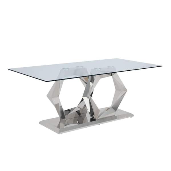 Benjara Chrome Glass Rectangle 39 in. Double Pedestal Base Dining Table Seats 4
