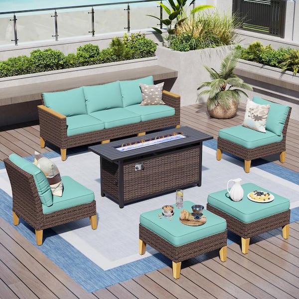 PHI VILLA Brown Rattan Wicker 7 Seat 8-Piece Steel Outdoor Patio Conversation Set with Blue Cushions, Rectangular Fire Pit Table