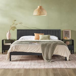 Modern Black Solid Wood Frame King Platform Bed with Unique Reeded Design Headboard