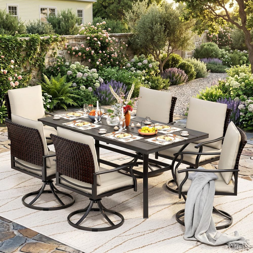 7-Piece Black Metal Outdoor Dining Set with 6 Swivel Dining Chairs with Beige Cushions and Rectangle Dining Table price history on PriceWatchPro