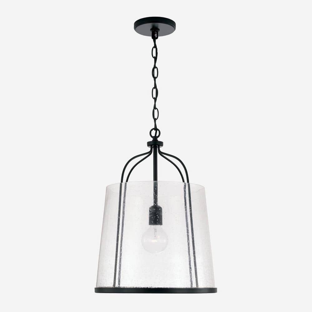 Madison Matte Black Brass Drum Pendant with Seeded Glass