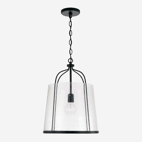 Madison 14 in. W x 19 in. H 1-Light Pendant in Matte Black with Clear Seeded Glass