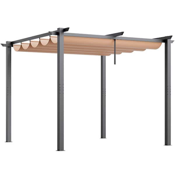 SKYSHALO 10 x 10 Outdoor Retractable Pergola, Aluminum Pergola with  Retractable Canopy for Patios, Beige Tent PDSSLP1010FTVN4B6V0-20250430