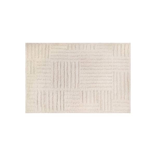 Basket Weave Power Loomed Soft Shag High-Low Indoor 2 ft. x 4 ft. White Area Rug