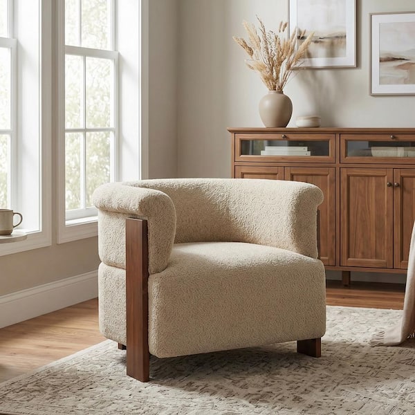 Modern Light Brown Boucle Fabric Barrel Accent Arm Chair with Solid Wood Legs