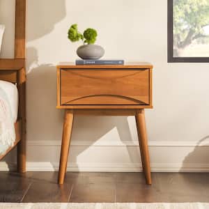 1-Drawer Caramel Solid Wood Mid-Century Modern Curve Nightstand, Set of 2