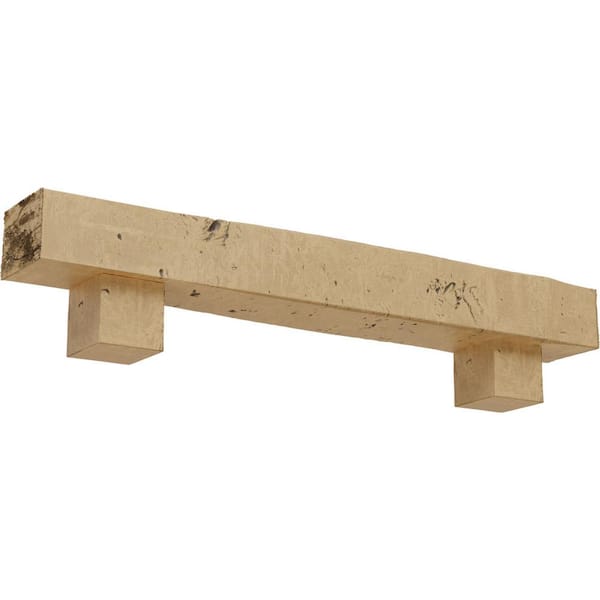 Ekena Millwork 8 in. x 10 in. x 4 ft. Knotty Pine Faux Wood Fireplace Mantel Kit, Alamo Corbels, Natural Pine