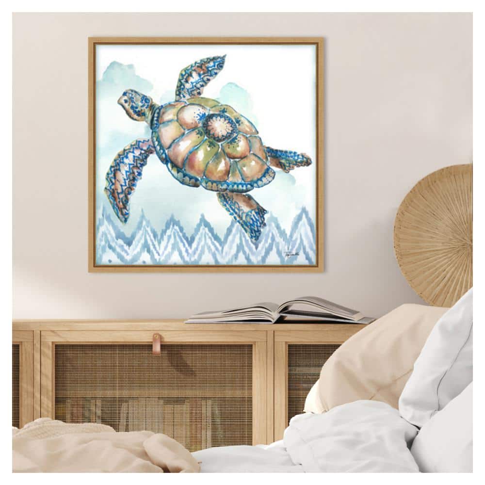 Boho Shells I Sea Turtle Watercolor Canvas Print with Maple Frame