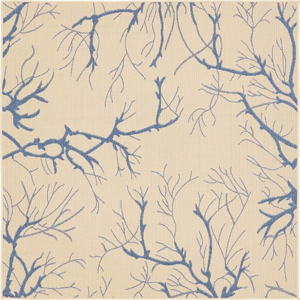 Easy-Care Beige & Blue Square Outdoor Rug - Stain-Resistant Synthetic