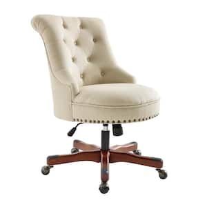 Sinclair Beige Office Chair with Brass Nail Heads and Cherry Wood Base