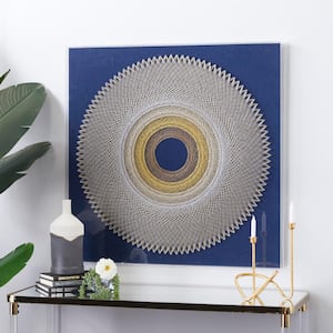 Blue Handmade Circular String Art Geometric Shadow Box with Canvas Backing
