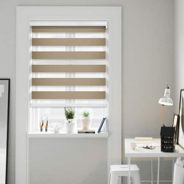 Chicology Cut-to-Size Cool Brown Cordless Blackout Dual Layer Privacy Polyester Zebra Roller Shade 69.5 in. W x 72 in. L