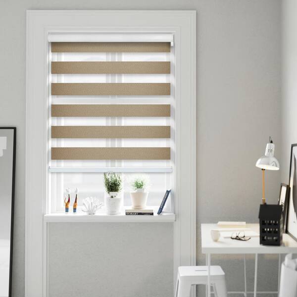 Chicology Cut-to-Size Cool Brown Cordless Blackout Dual Layer Privacy Polyester Zebra Roller Shade 71.25 in. W x 72 in. L