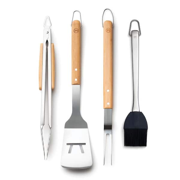 Outset Stainless Steel Grill Cooking Accessory Tool Set, Verde Collection, Spatula, Tongs, Grill Fork and Sauce Brush