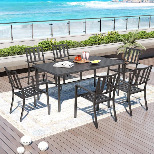 PHI VILLA 7-Piece Metal Outdoor Dining Set with Slat Table-Top and Modern Stackable Chairs