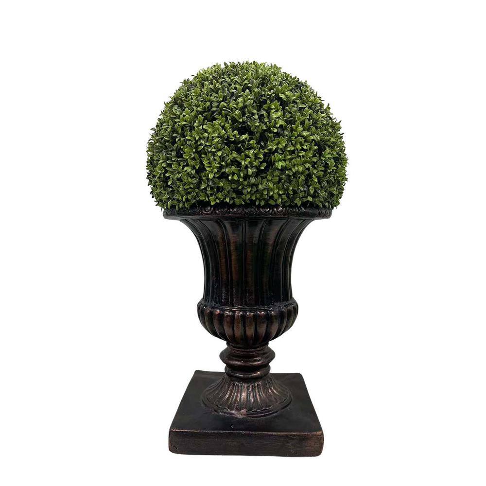 32 in. Ball Topiary in Brown Pedestal Pot, Artificial Faux Plant Grass